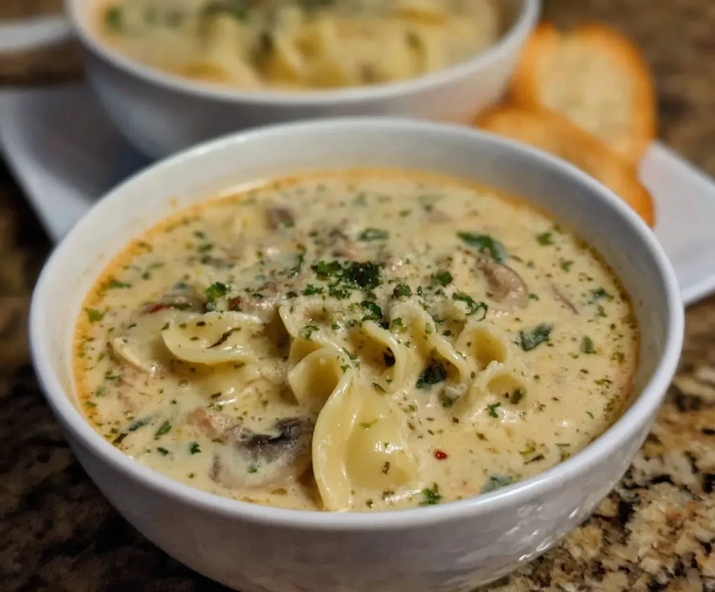 Creamy Alfredo Lasagna Soup with layers of cheese, pasta, and fresh herbs in a bowl.