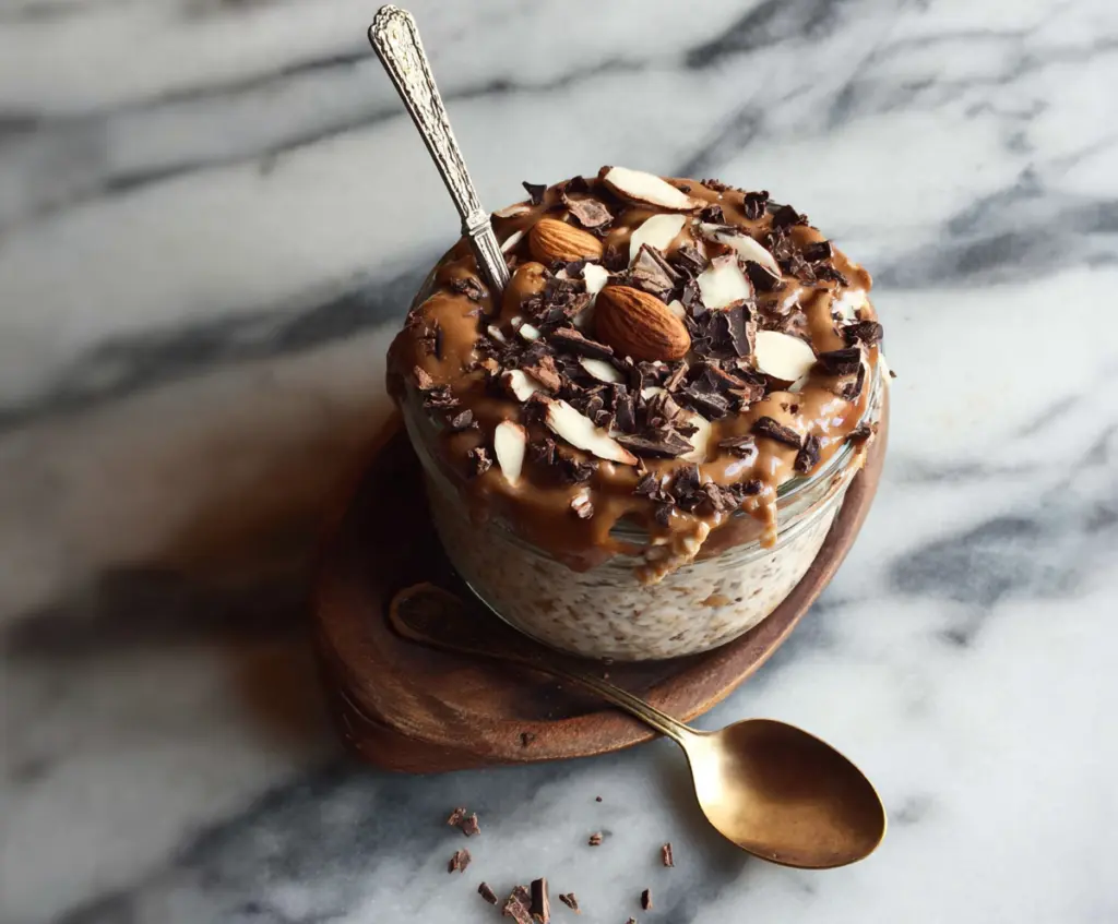 Creamy almond and dark chocolate overnight oats in a glass jar, topped with sliced almonds and chocolate shavings.