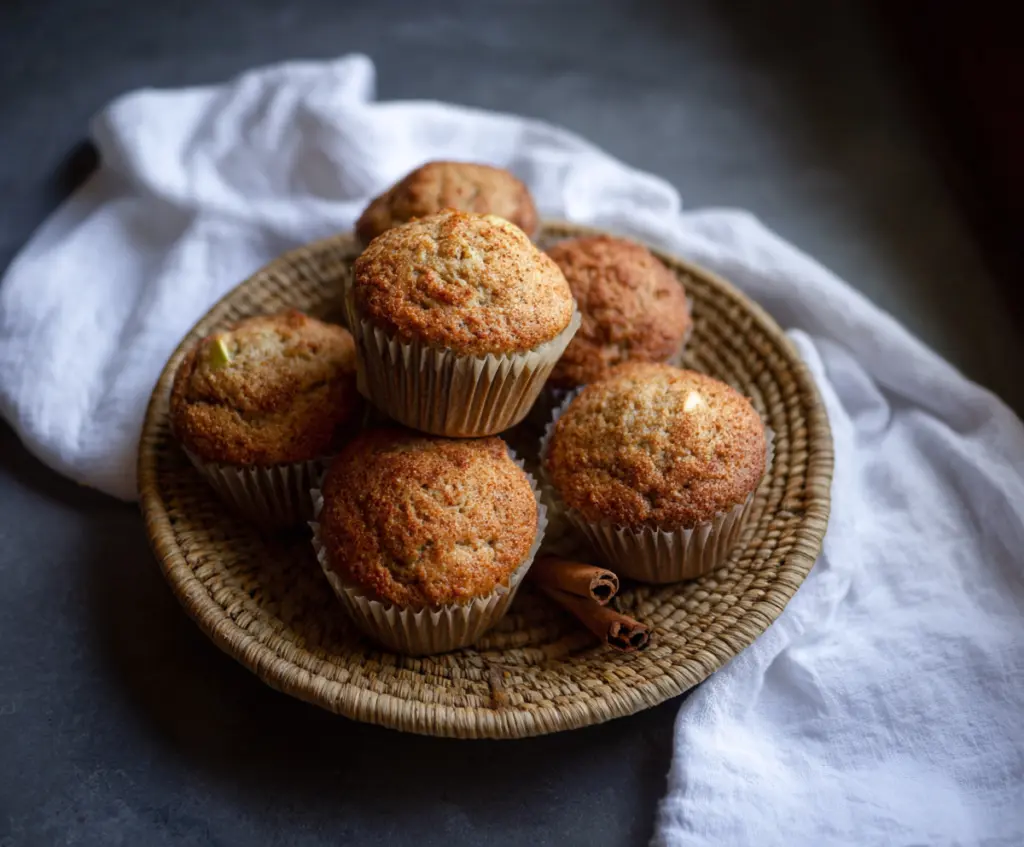 Homemade Apple Cinnamon Sourdough Muffins fresh from the oven, showcasing a golden-brown crust and apple pieces inside.
