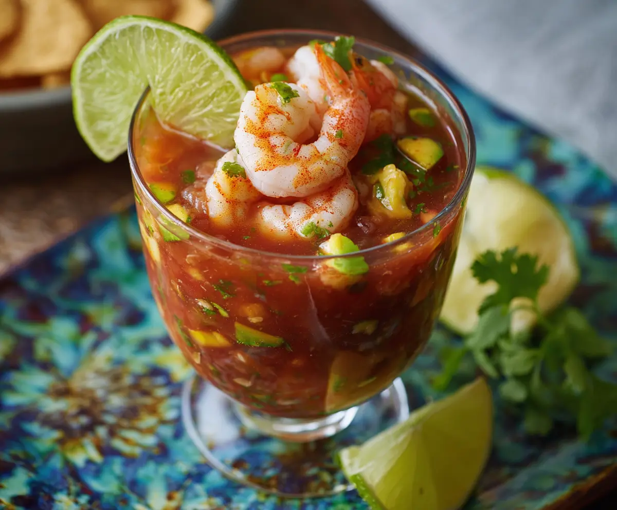 Close-up of a vibrant authentic Mexican shrimp cocktail garnished with lime and cilantro in a glass bowl.