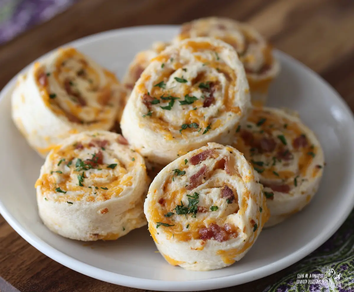 Delicious Bacon Cheddar Ranch Pinwheels sliced on a platter, showcasing crispy bacon and melted cheese in flaky pastry.