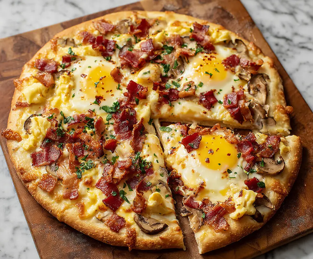 Bacon and egg breakfast pizza topped with melted cheese on a crispy crust