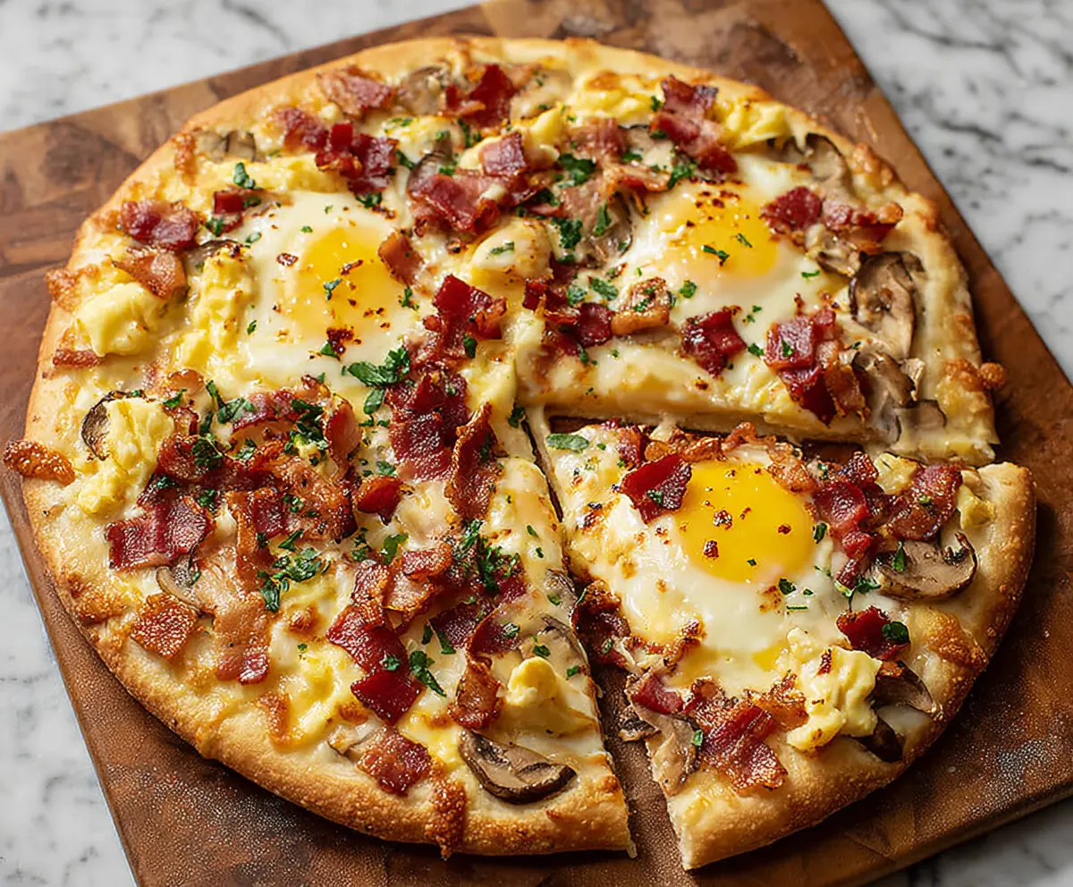 Bacon and egg breakfast pizza topped with melted cheese on a crispy crust