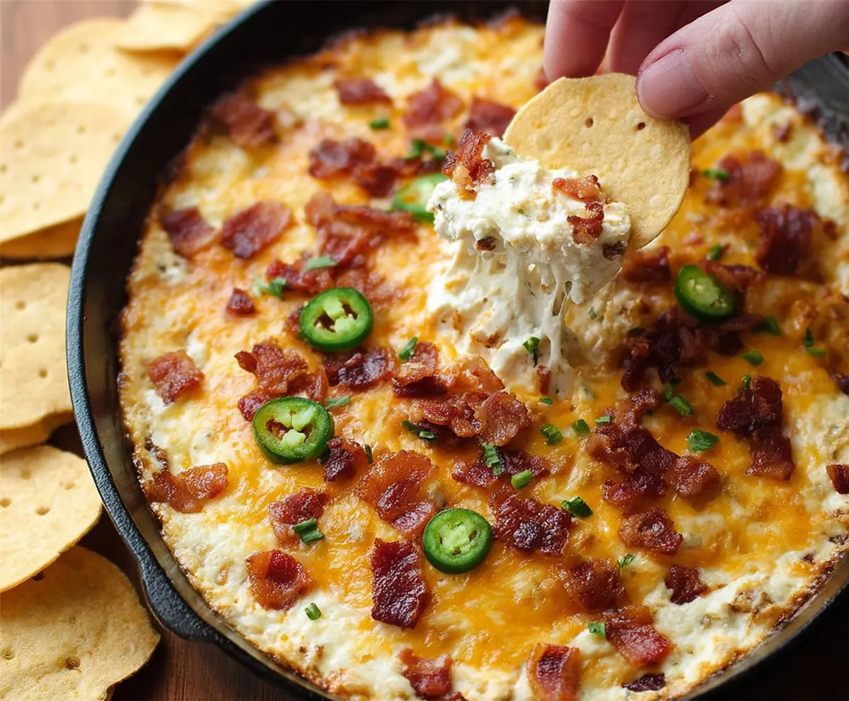 Delicious Bacon Jalapeño Popper Dip served with crispy bacon, fresh jalapeños, and creamy cheese dip.