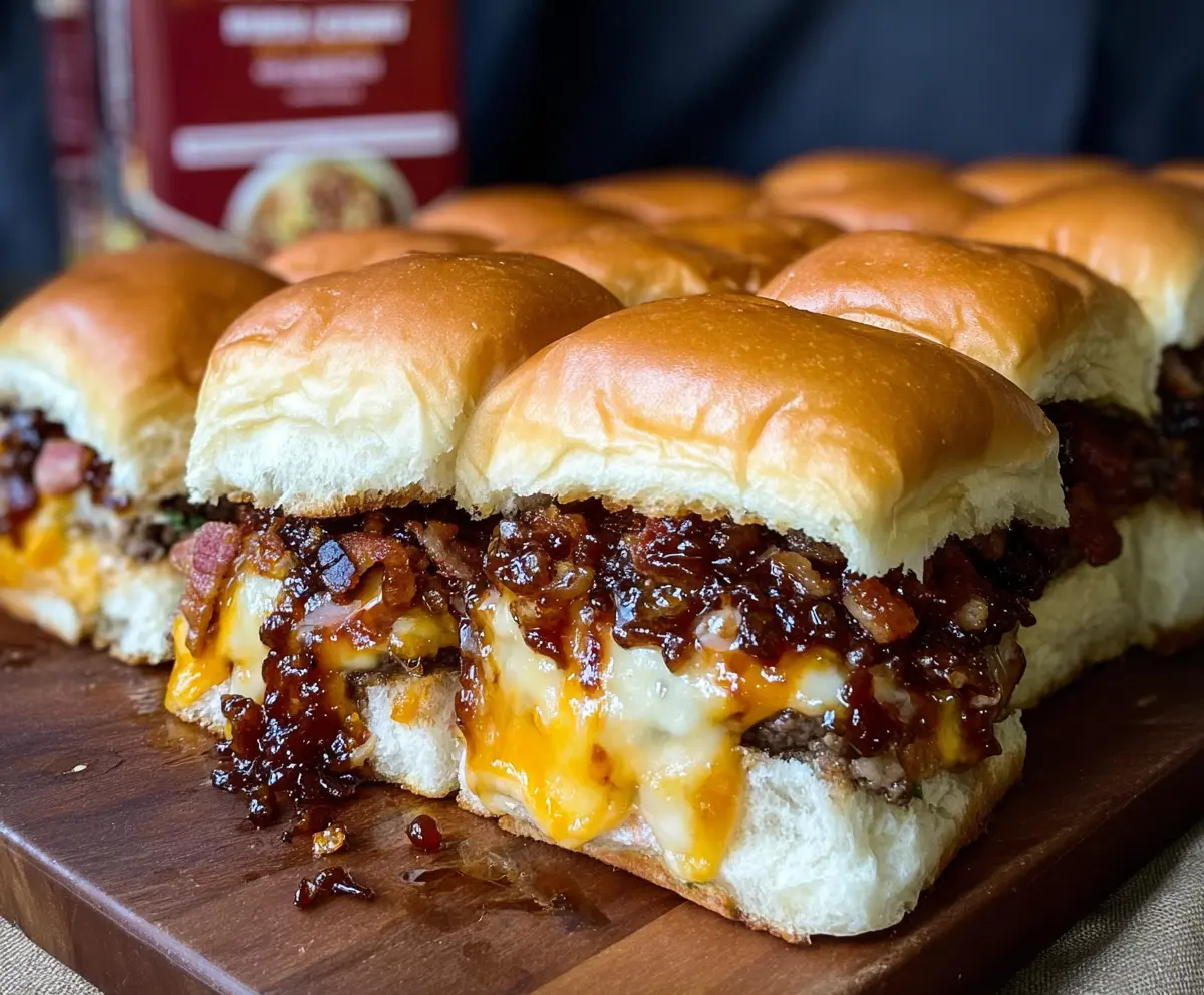 Delicious bacon jam cheeseburger sliders on a serving tray with melted cheese and fresh toppings.