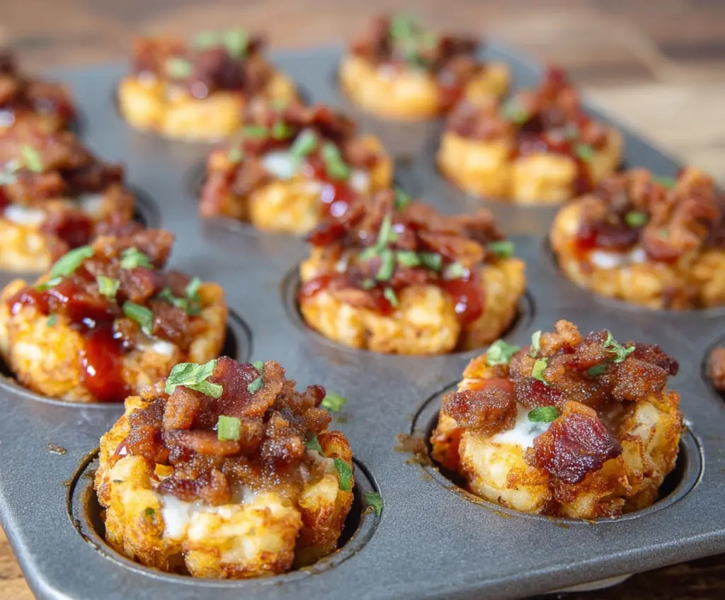 Delicious Bacon Tater Tot Cups topped with crispy bacon and melted cheese on a plate.