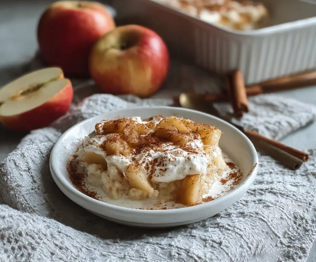Delicious baked apple cinnamon cottage cheese breakfast served in a bowl, garnished with fresh apple slices and cinnamon