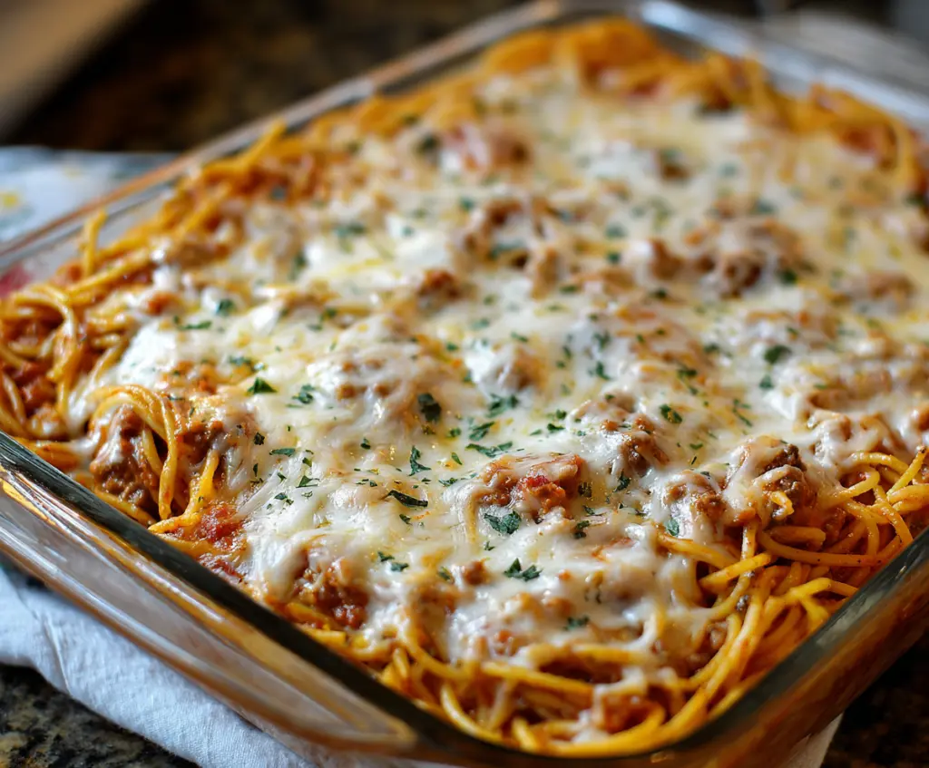 Delicious baked cream cheese spaghetti casserole topped with melted cheese and fresh herbs.