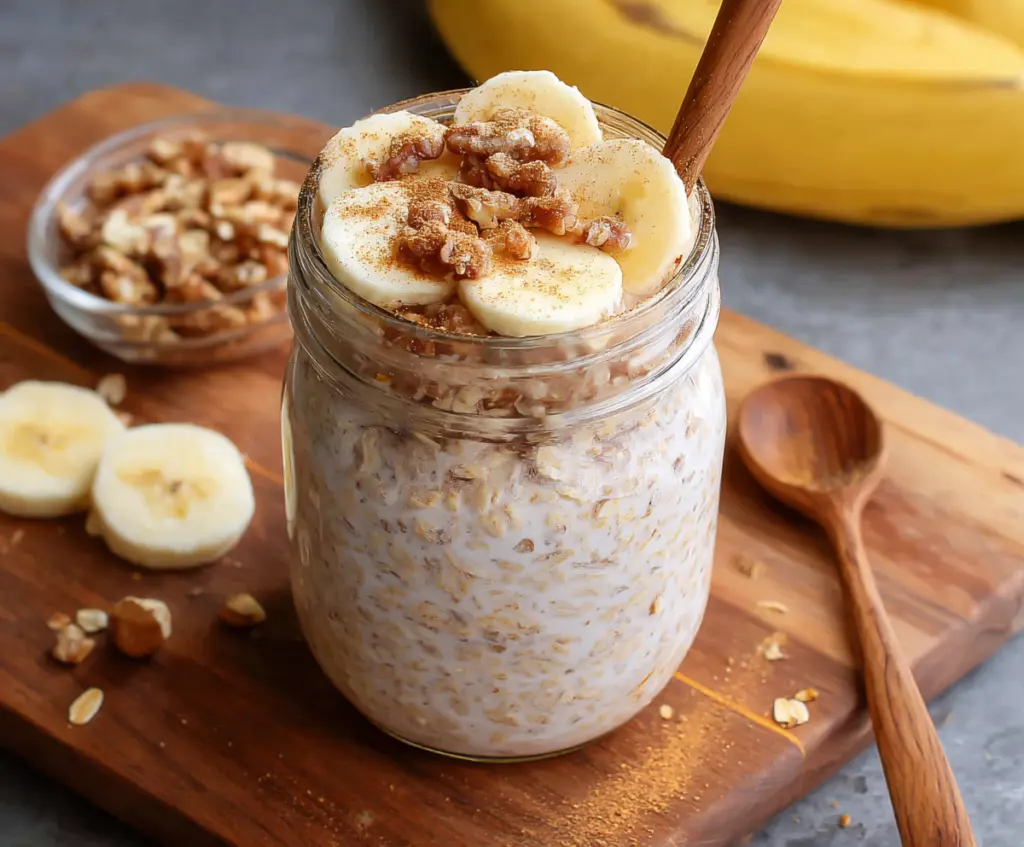 Creamy banana cinnamon overnight oats in a jar topped with fresh banana slices and a sprinkle of cinnamon.