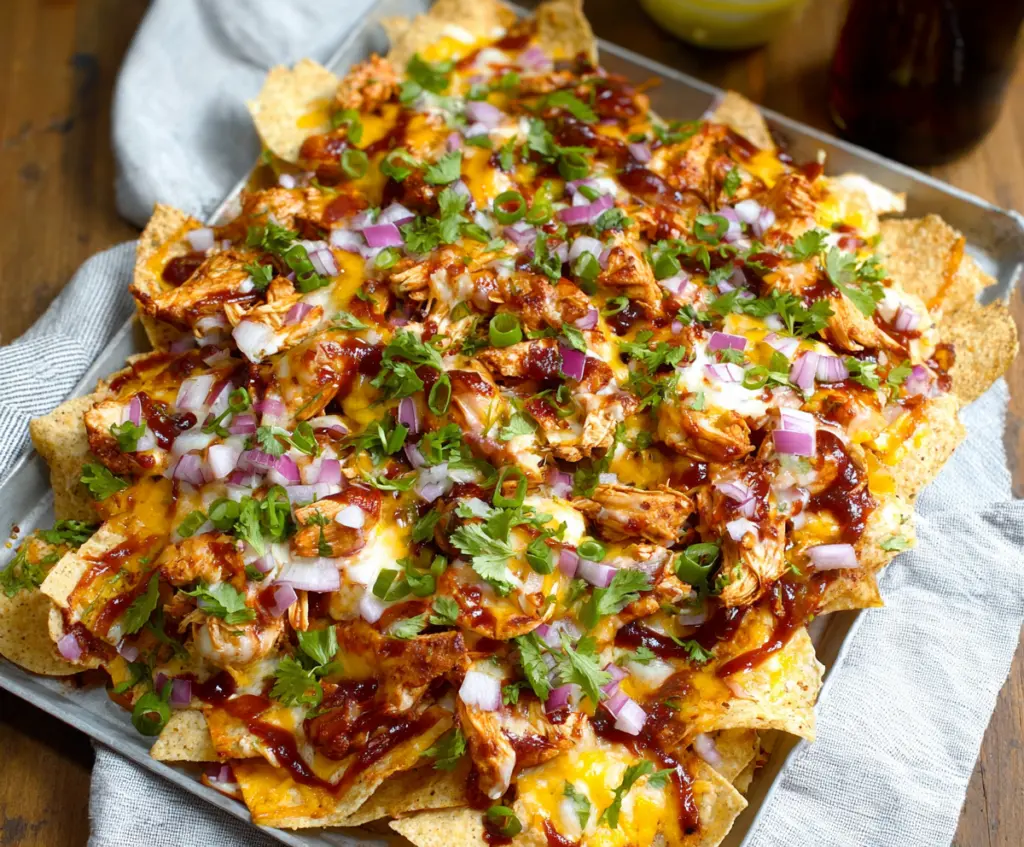 Delicious BBQ Chicken Nachos topped with melted cheese and fresh herbs.