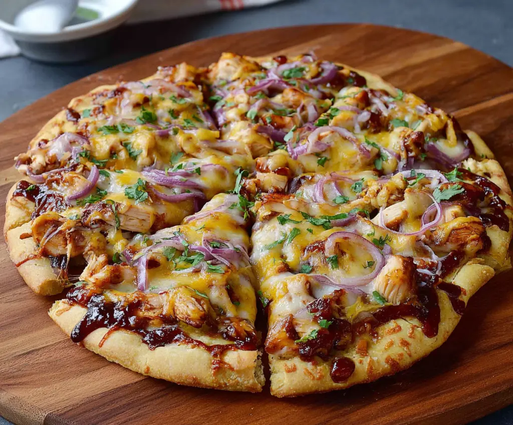 Delicious BBQ Chicken Pizza topped with melted cheese and fresh herbs, perfect for outdoor gatherings.