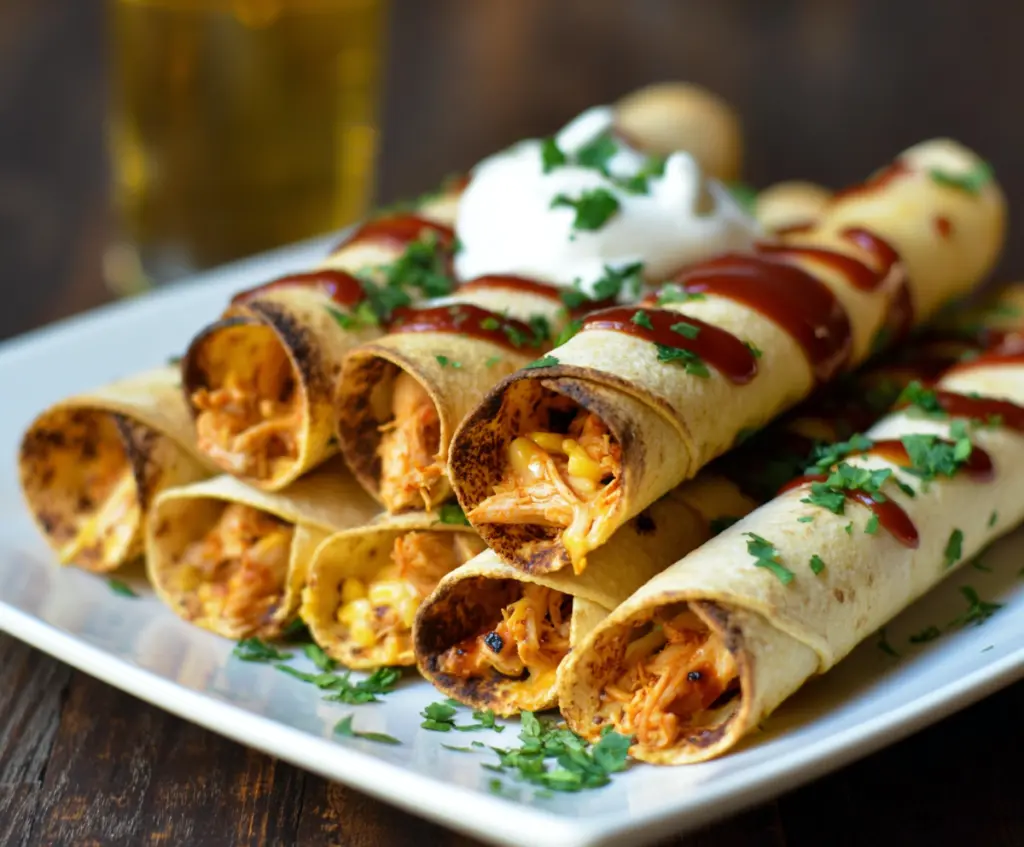 Delicious BBQ Chicken Taquitos wrapped in crispy golden tortillas served on a white plate.