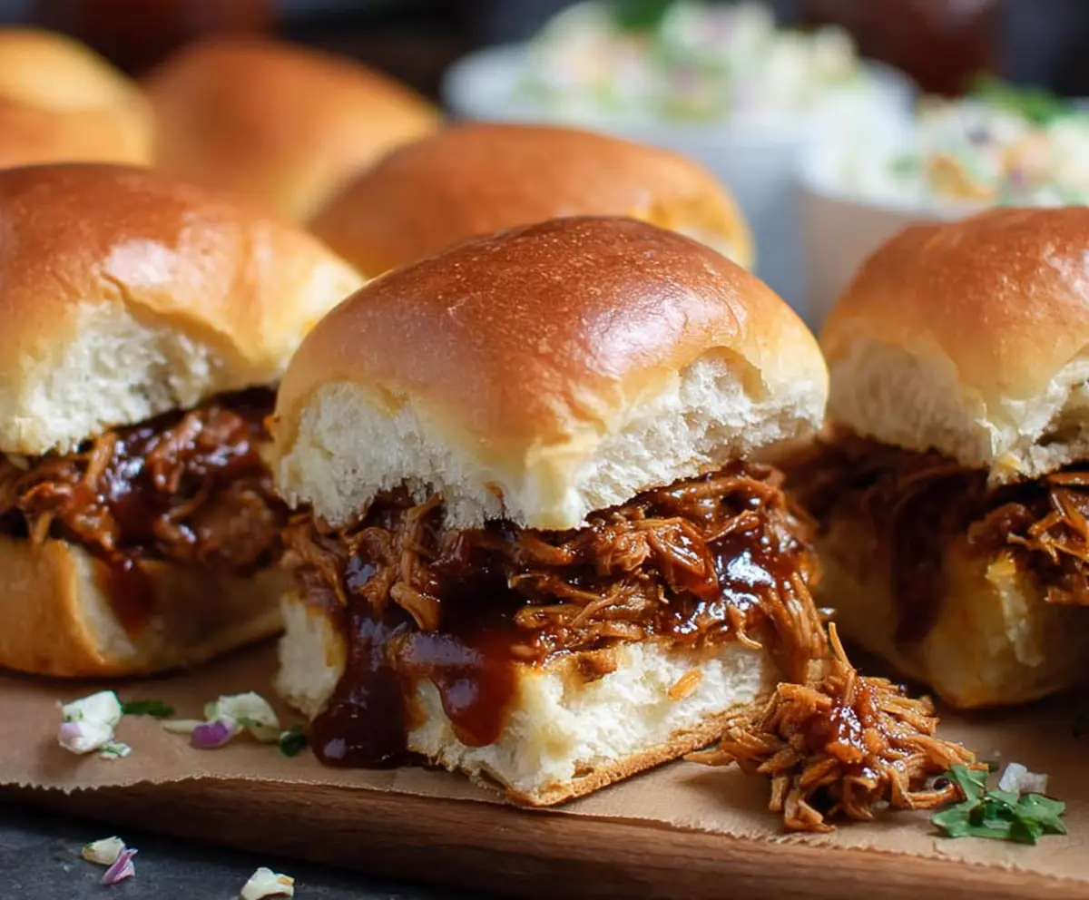 Delicious BBQ pulled pork sliders served on soft Hawaiian rolls, perfect for parties and family dinners.