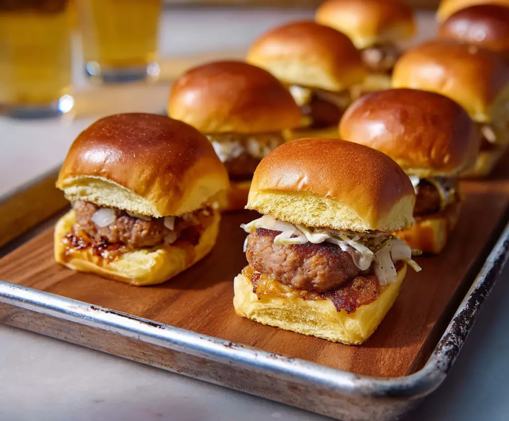 Juicy Beer Brat Sliders topped with onions on a serving platter