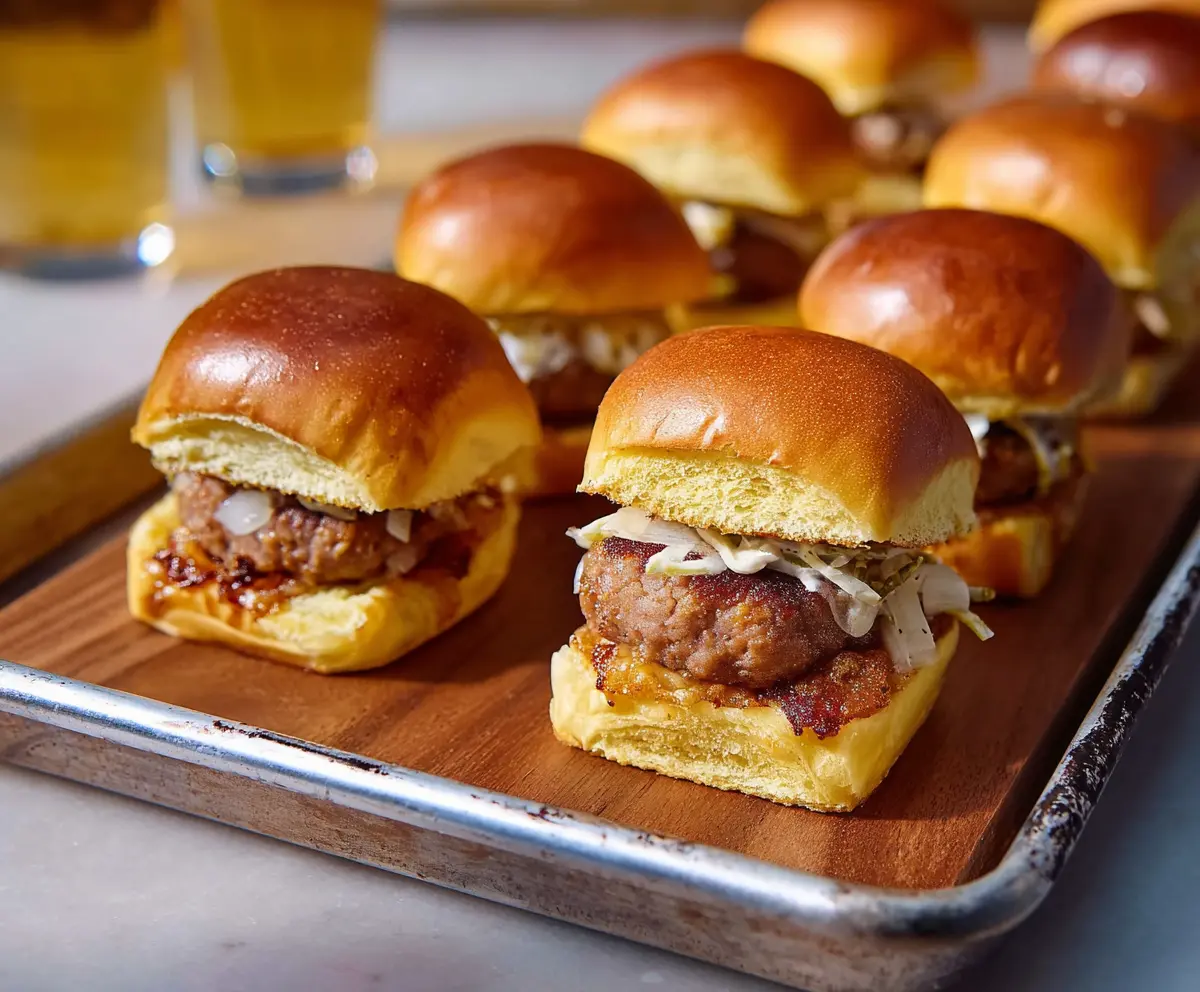 Juicy Beer Brat Sliders topped with onions on a serving platter