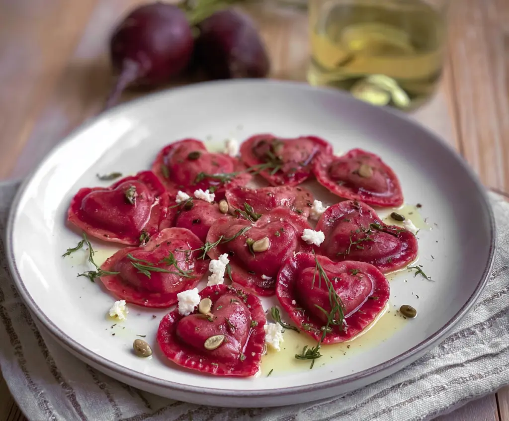 Delicious Beet Heart Ravioli with vibrant red beet filling and tender pasta shell.