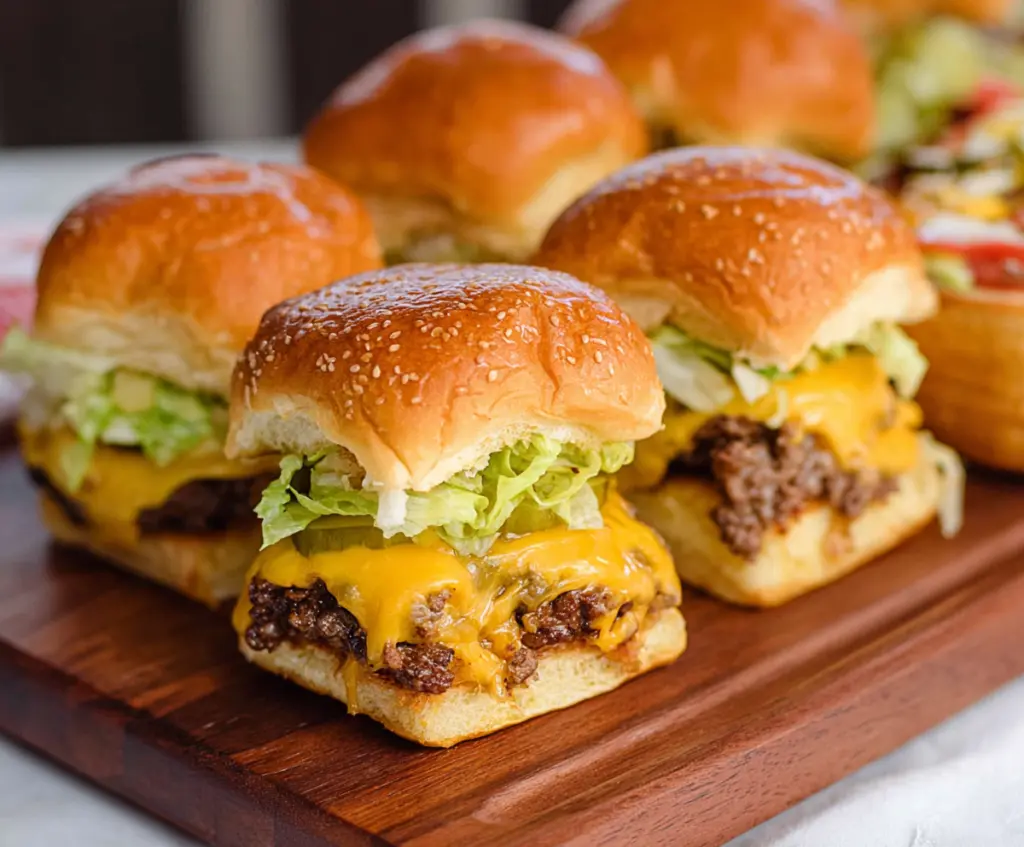 Delicious Big Mac Cheeseburger Sliders with layers of beef, cheese, and special sauce on buns.