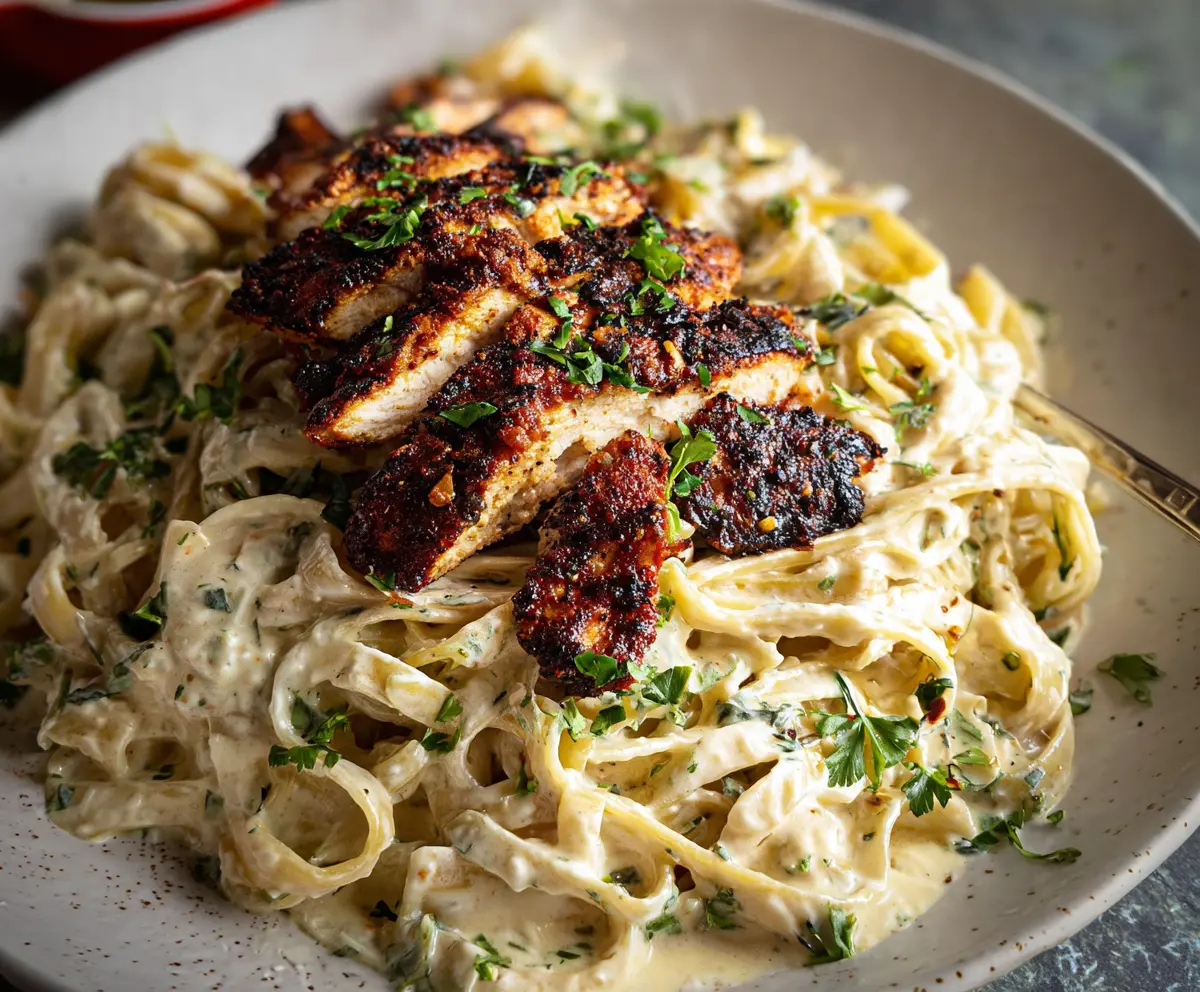 Creamy Alfredo pasta with spicy blackened chicken and herbs.