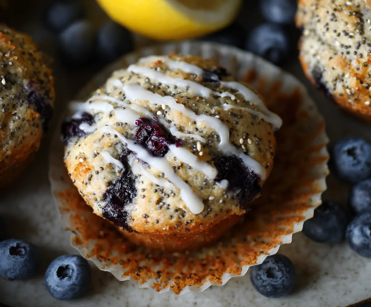 Freshly baked blueberry lemon poppy seed sourdough muffins on a rustic plate, showcasing their golden crust and vibrant blueberries.