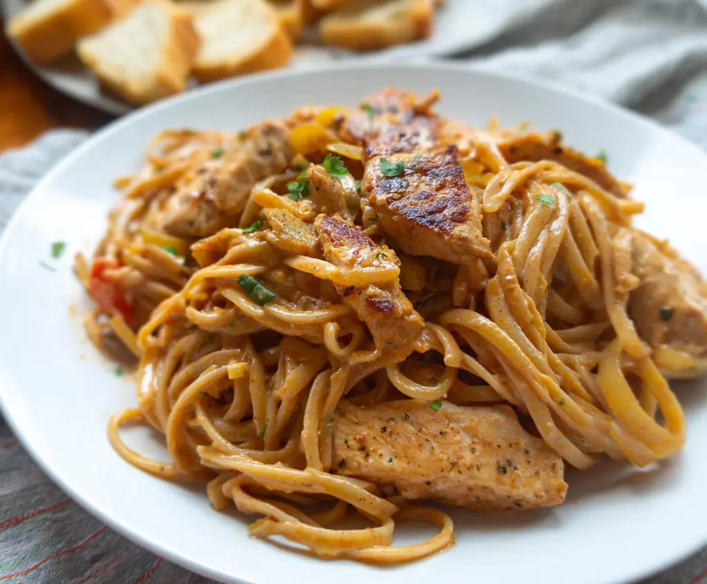 Delicious Cajun Chicken Spaghetti with bold flavors and vibrant spices, plated beautifully for a hearty meal.