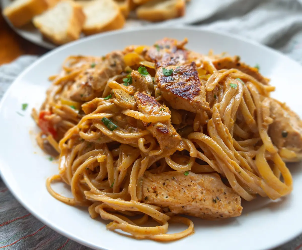 Delicious Cajun Chicken Spaghetti with bold flavors and vibrant spices, plated beautifully for a hearty meal.