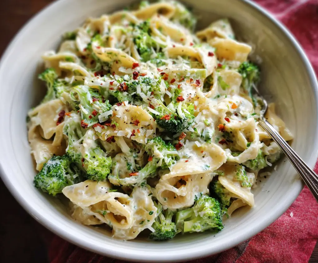 Creamy Boursin cheese pasta with fresh broccoli florets on a plate, perfect for a quick vegetarian meal.