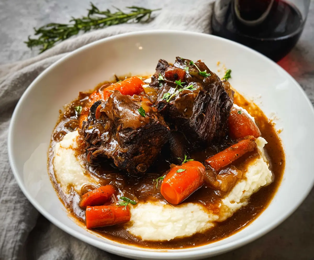 Delicious braised short ribs with tender meat and rich gravy on a rustic plate.