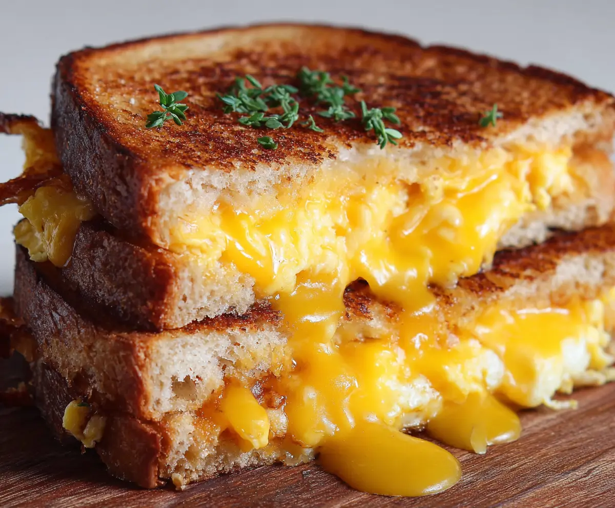 Delicious breakfast grilled cheese sandwich with melted cheese and crispy bread.