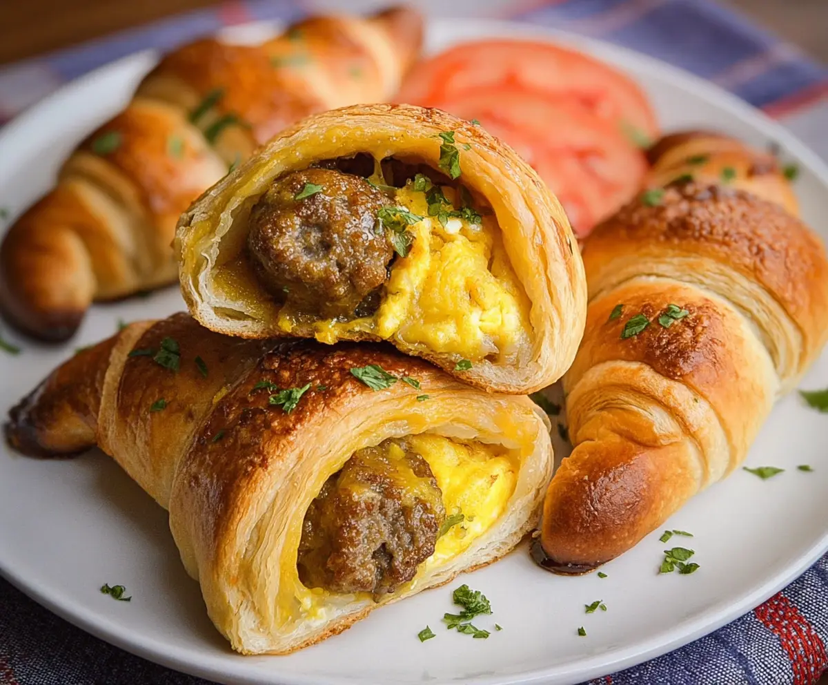 Delicious breakfast sausage crescent rolls, flaky and golden, served fresh on a breakfast table.