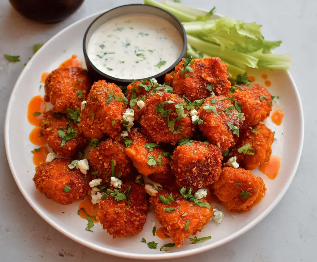 Crispy buffalo chicken bites served with a side of blue cheese dipping sauce.