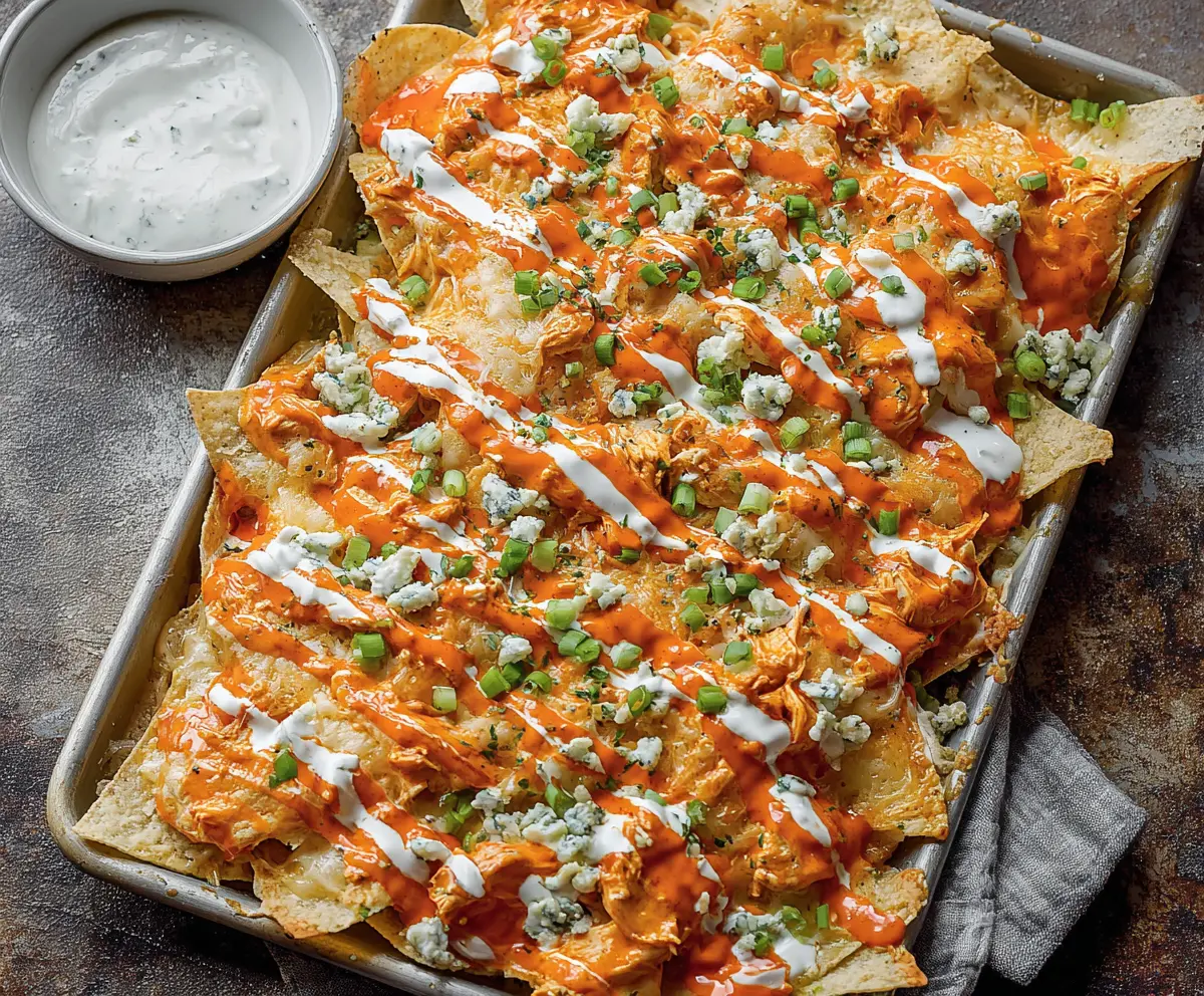Delicious buffalo chicken nachos topped with melted cheese, jalapenos, and fresh herbs.