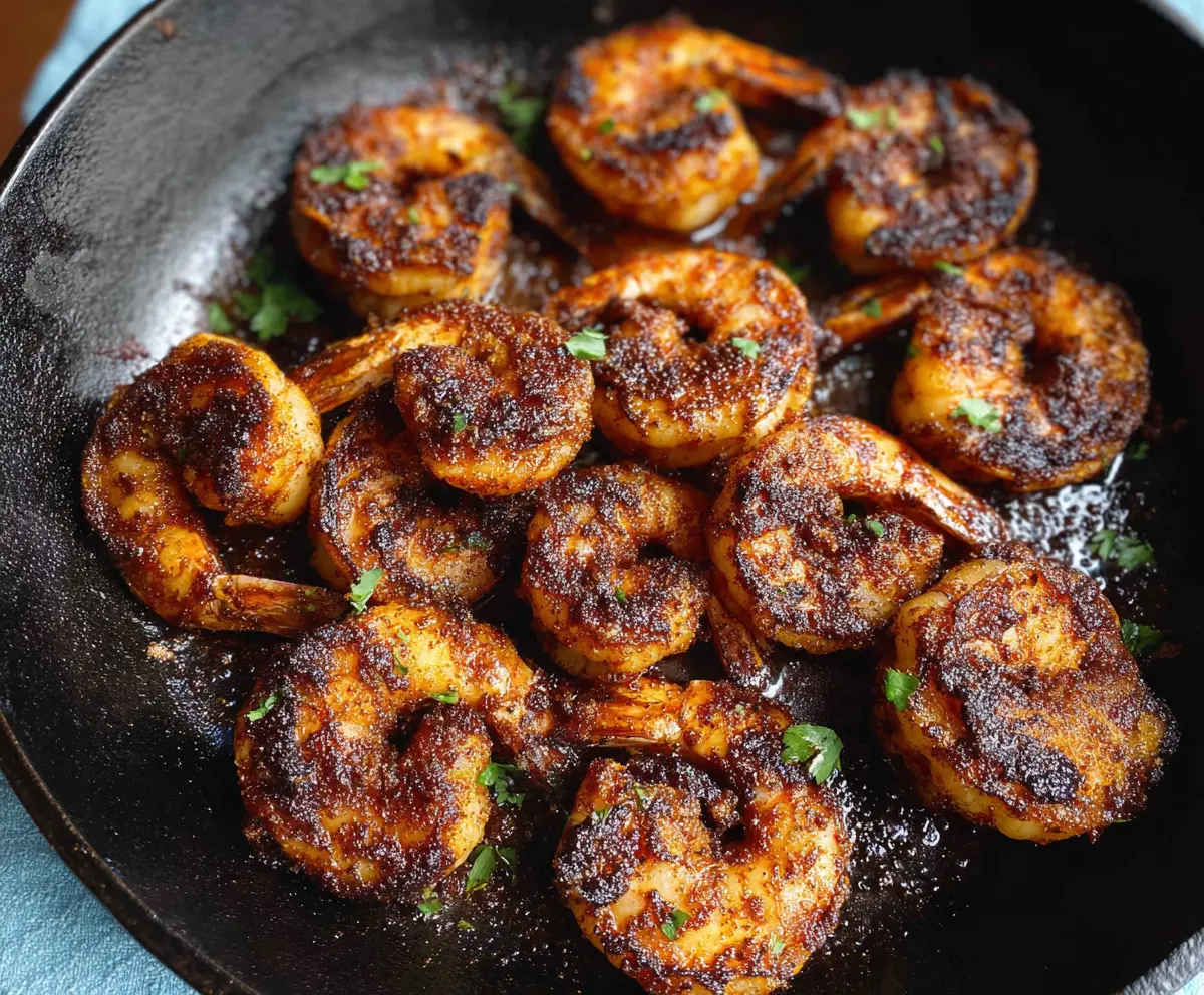 Delicious Cajun Blackened Shrimp served with fresh vegetables on a dinner plate.