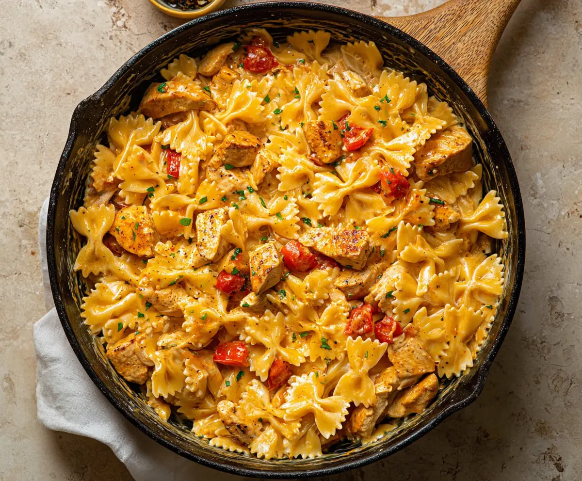 Delicious Cajun Chicken Bowtie Pasta served in a skillet with colorful vegetables and creamy sauce.