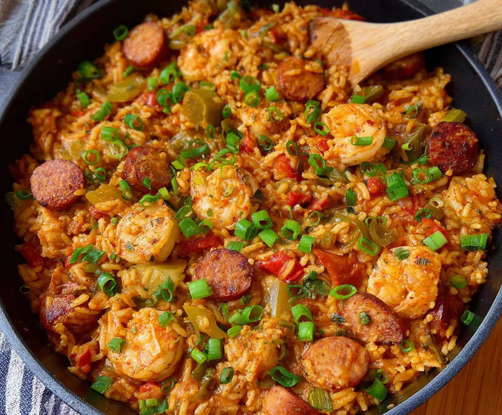 Delicious Cajun Jambalaya with tender chicken, shrimp, and sausage served in a vibrant dish.