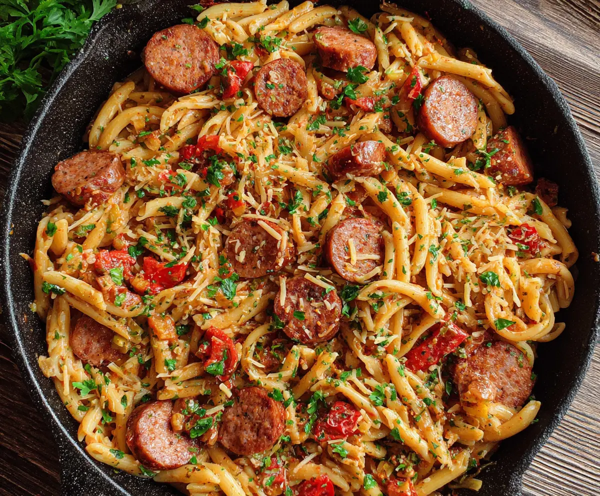 Delicious Cajun sausage pasta served on a plate with creamy sauce and fresh herbs