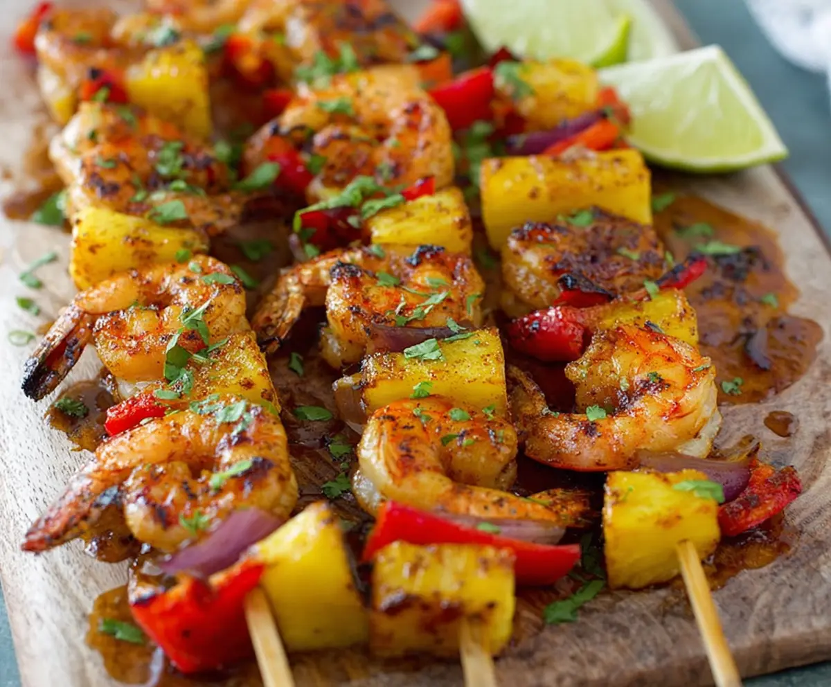 Grilled Caribbean Jerk Shrimp Skewers served with fresh herbs and vegetables.