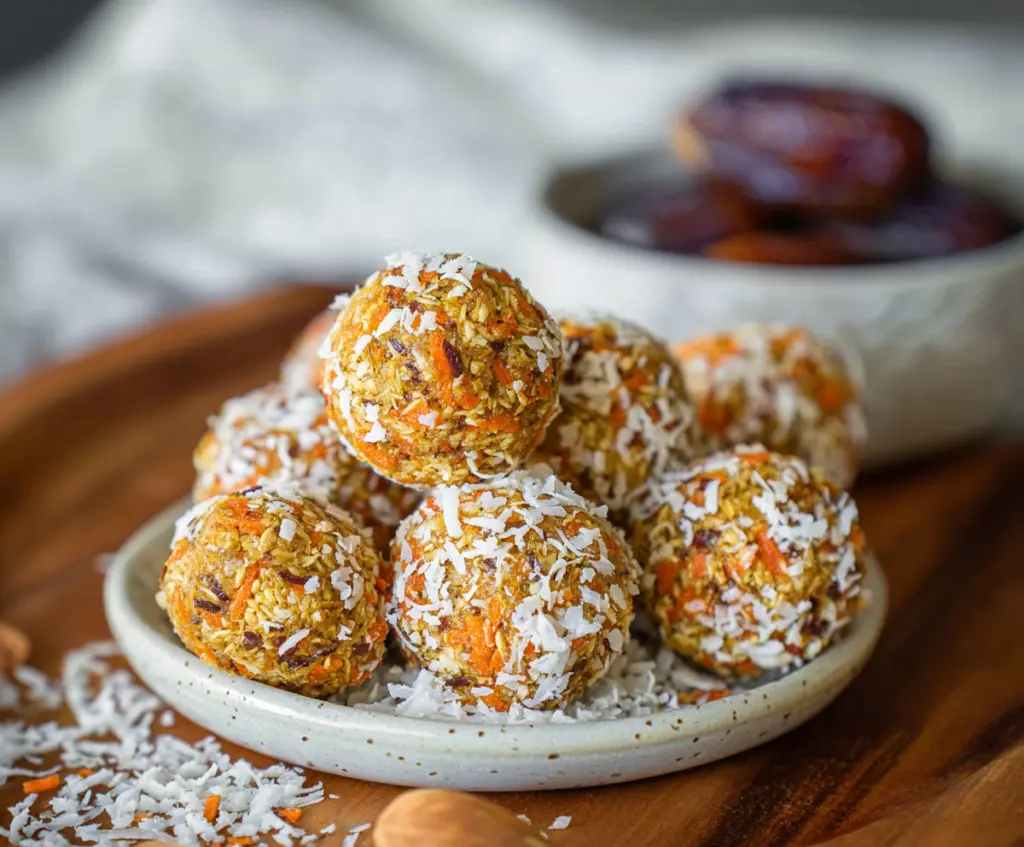 Delicious carrot cake energy bites with grated carrots, walnuts, and a hint of cinnamon in a close-up shot.