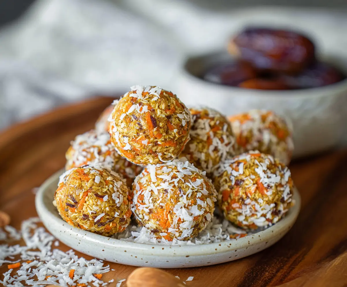Delicious carrot cake energy bites with grated carrots, walnuts, and a hint of cinnamon in a close-up shot.