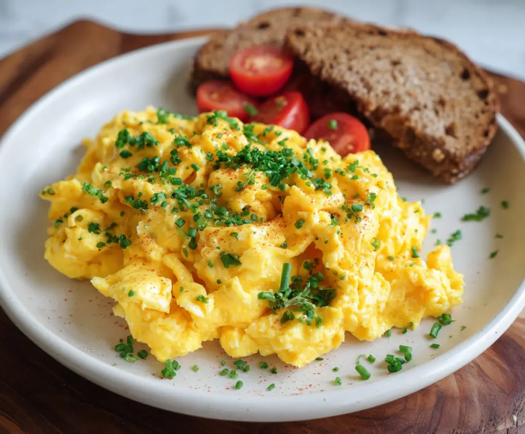 Delicious cheesy scrambled eggs served on a plate, perfect for breakfast or brunch.