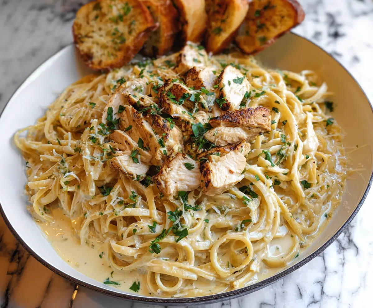 Creamy Chicken Alfredo Pasta with tender chicken pieces and smooth Alfredo sauce on cooked pasta.