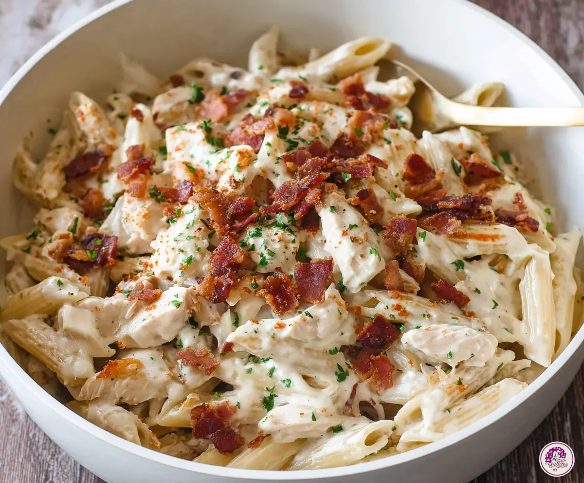Delicious chicken bacon ranch pasta dish with melted cheese and fresh herbs