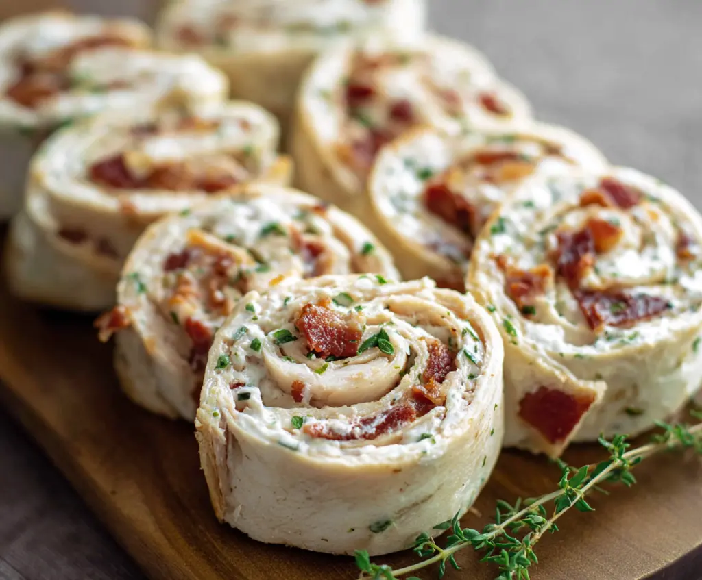 Delicious chicken bacon ranch pinwheels sliced and served as a savory appetizer.