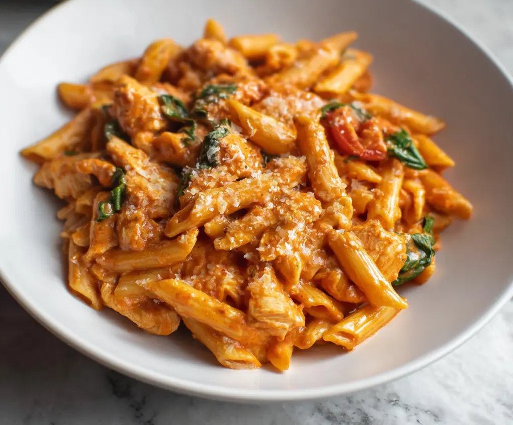 Creamy tomato chicken pasta served with tender chicken pieces and fresh herbs.