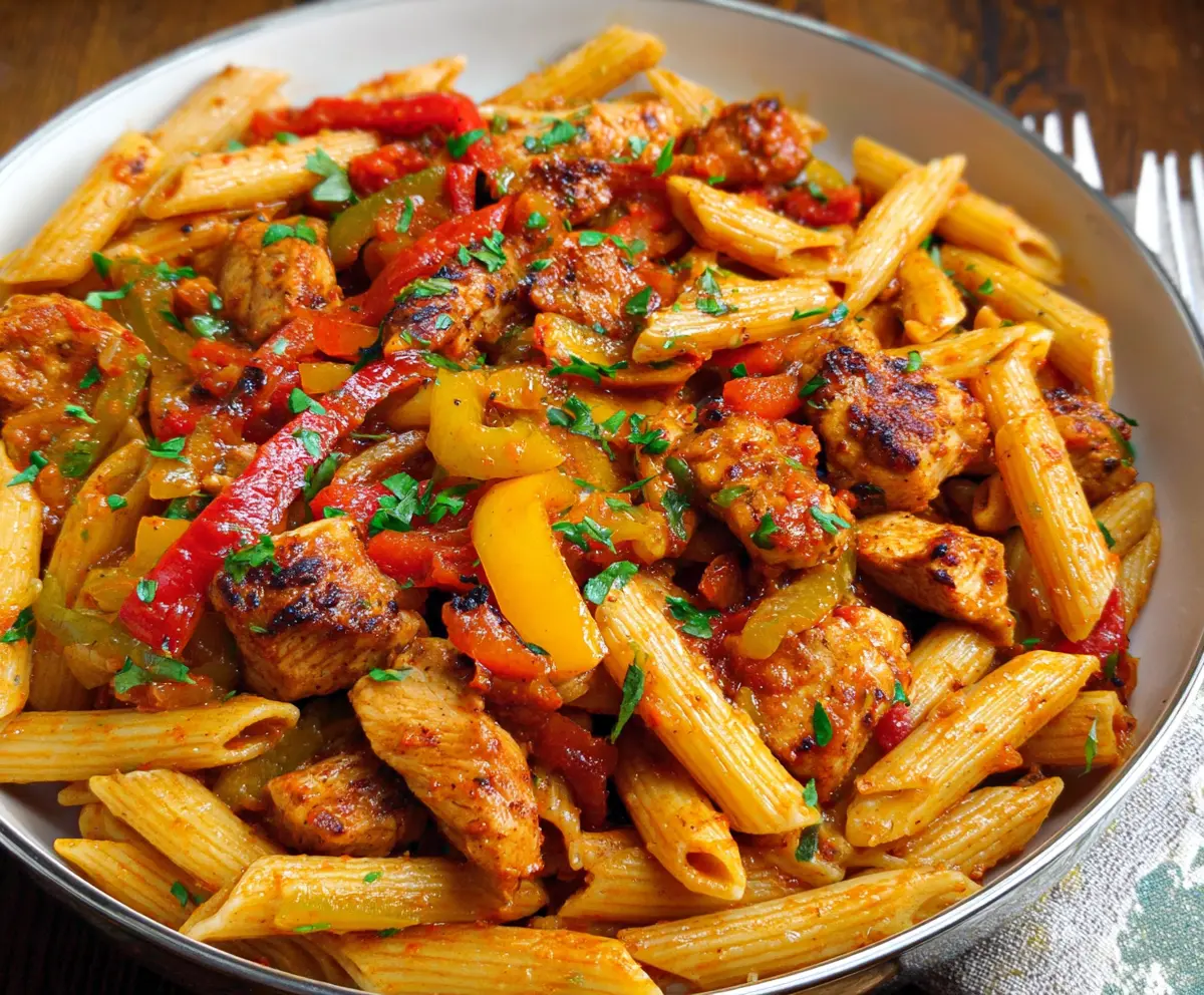 Delicious chicken fajita pasta with colorful bell peppers and melted cheese on a rustic plate