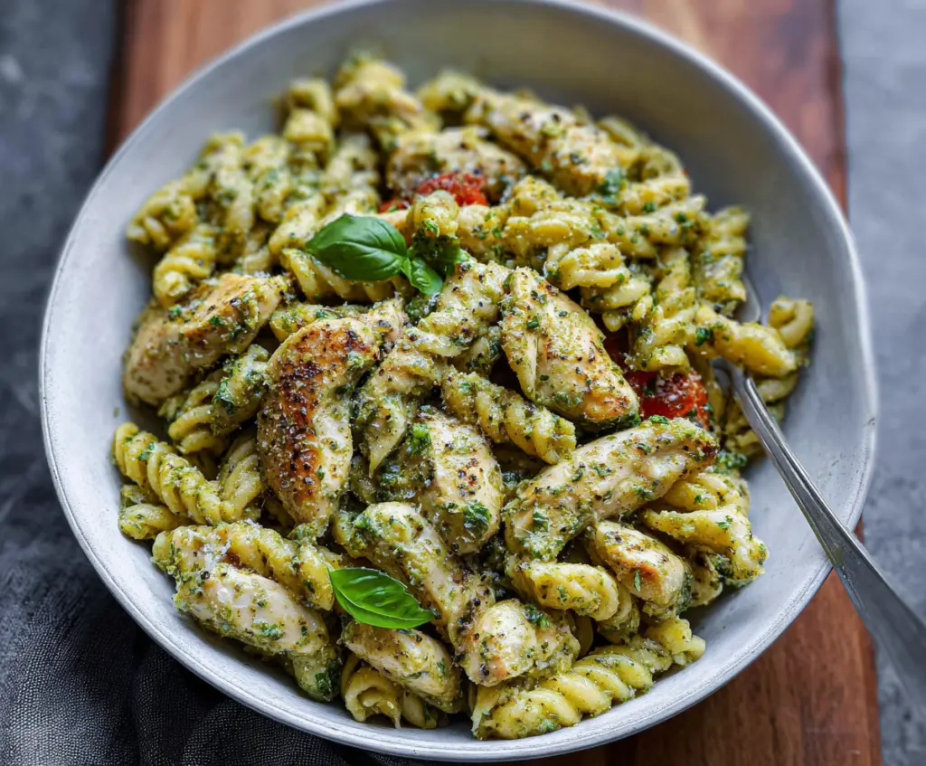 Delicious chicken pesto pasta served on a white plate with fresh basil garnish
