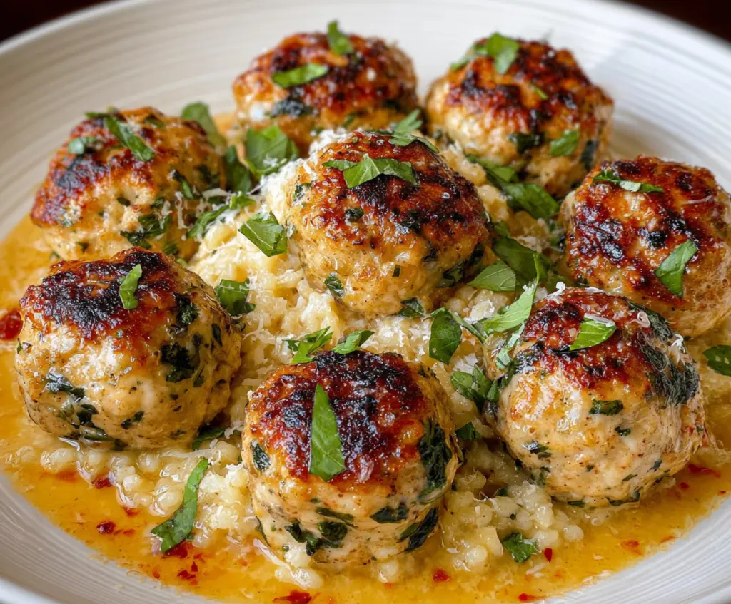 Delicious homemade chicken ricotta meatballs served with fresh herbs.
