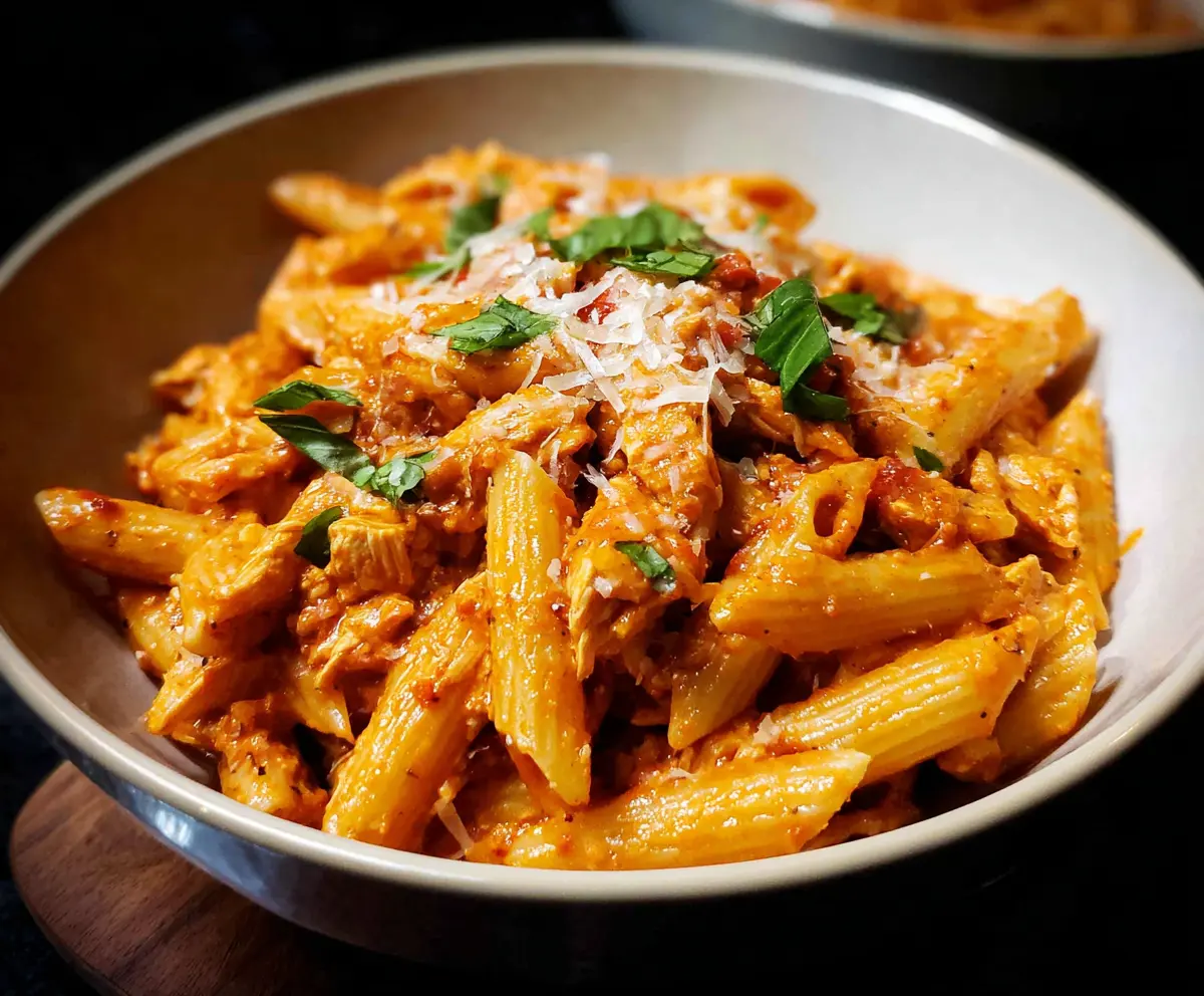 Creamy chicken vodka pasta garnished with herbs and Parmesan cheese, served on a plate for a flavorful Italian meal.