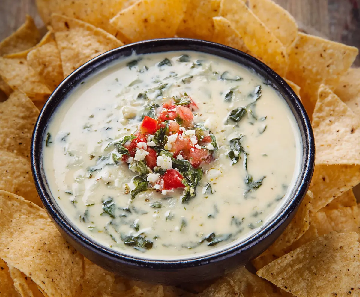 Creamy white spinach queso dip served in a bowl, perfect for sharing at parties.