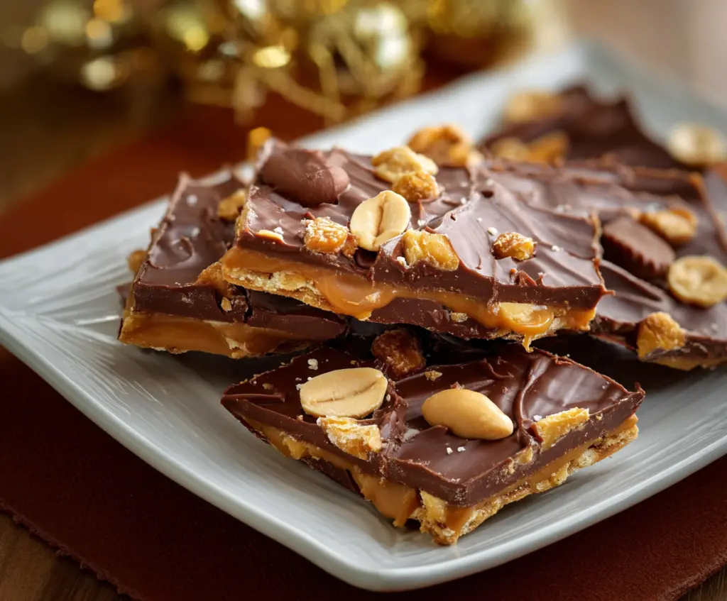 Delicious homemade Chocolate Peanut Butter Cup Cracker Toffee on a plate, showcasing a glossy, chocolatey topping with peanut butter swirls.