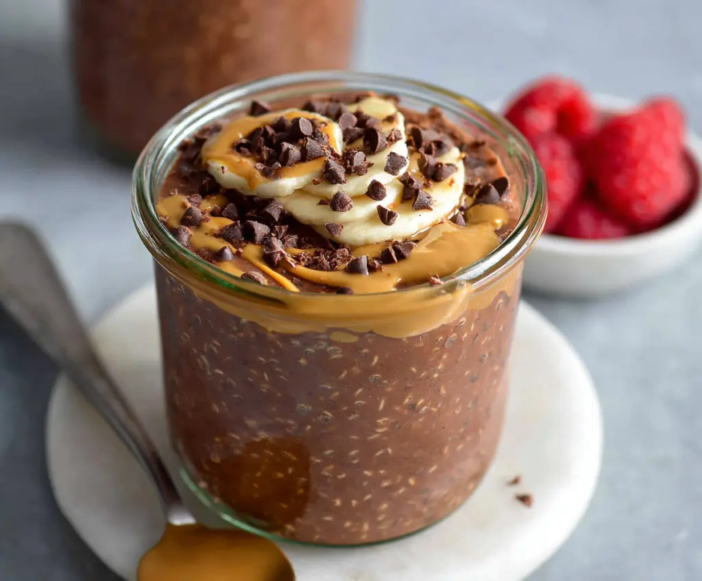 Delicious chocolate peanut butter overnight oats in a glass jar, perfect for a healthy breakfast.